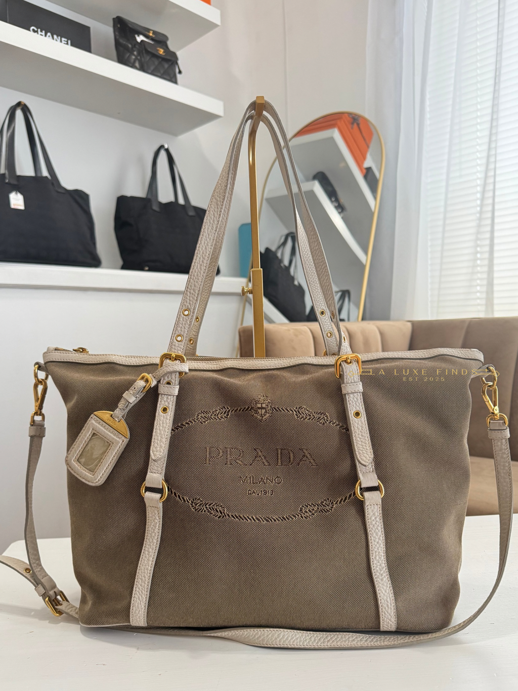 PRADA Jacquard Logo Tote Corda Talco