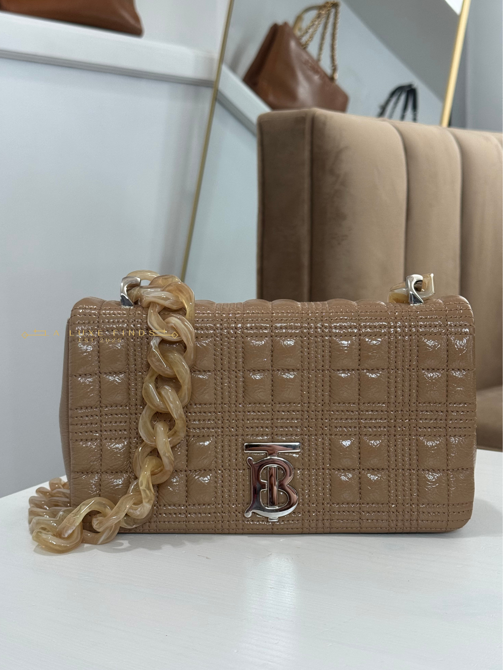 BURBERRY Small Lola Beige Quilted Leather with Resin Strap