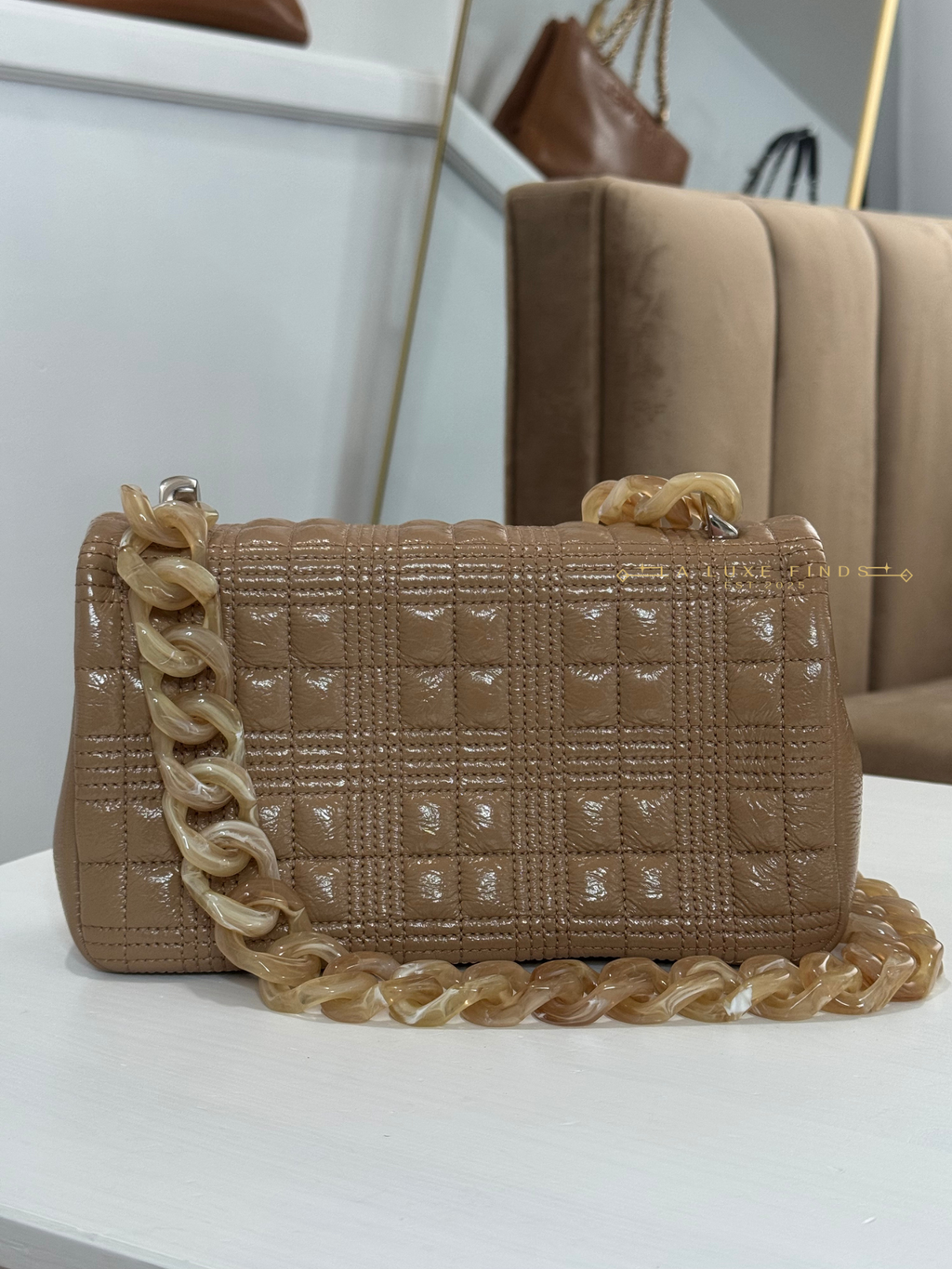 BURBERRY Small Lola Beige Quilted Leather with Resin Strap