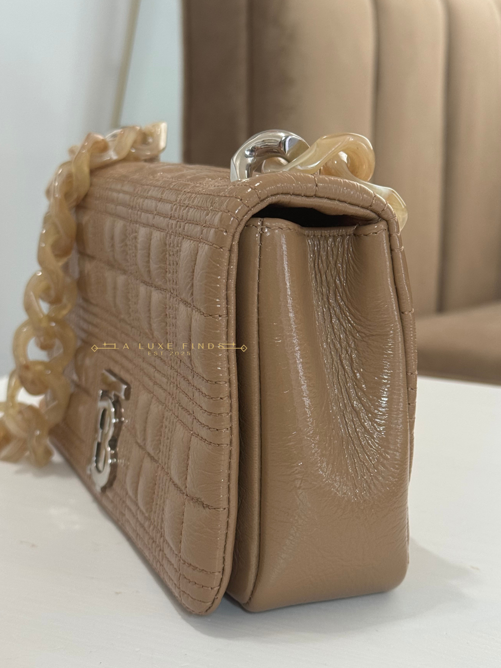 BURBERRY Small Lola Beige Quilted Leather with Resin Strap