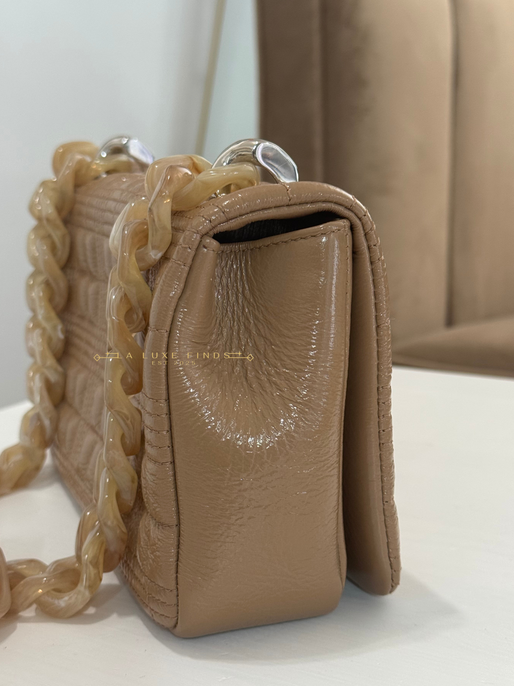 BURBERRY Small Lola Beige Quilted Leather with Resin Strap