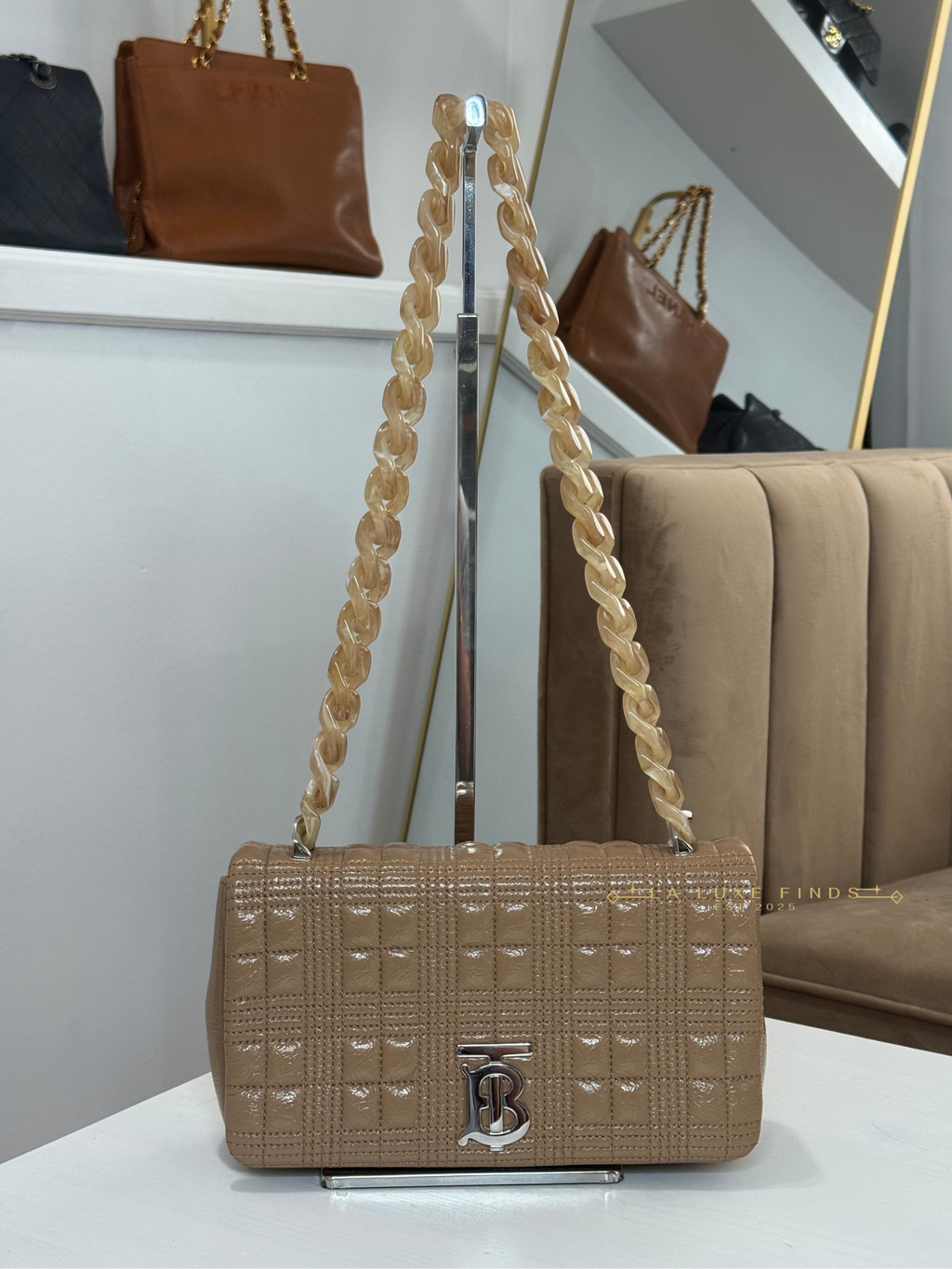 BURBERRY Small Lola Beige Quilted Leather with Resin Strap