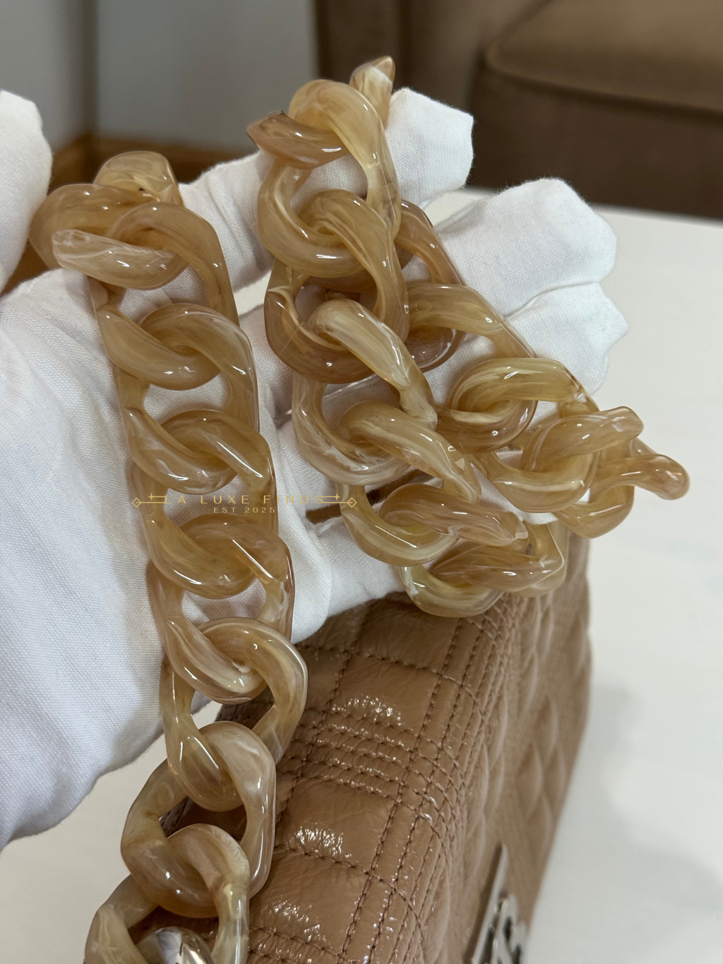 BURBERRY Small Lola Beige Quilted Leather with Resin Strap