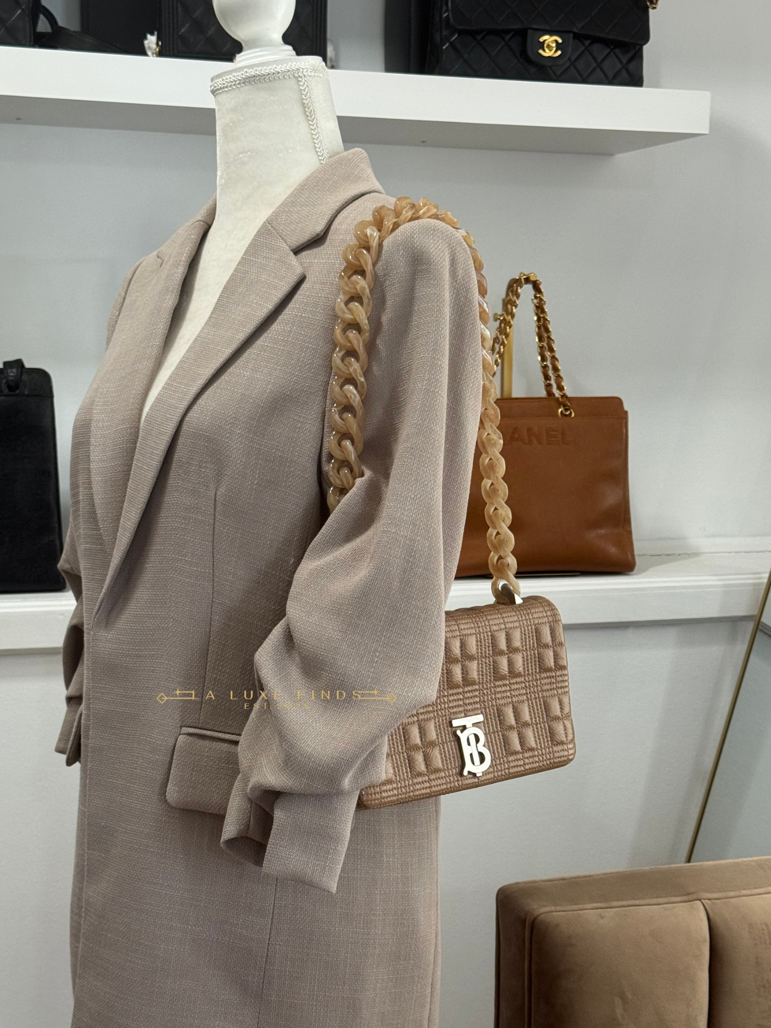 BURBERRY Small Lola Beige Quilted Leather with Resin Strap