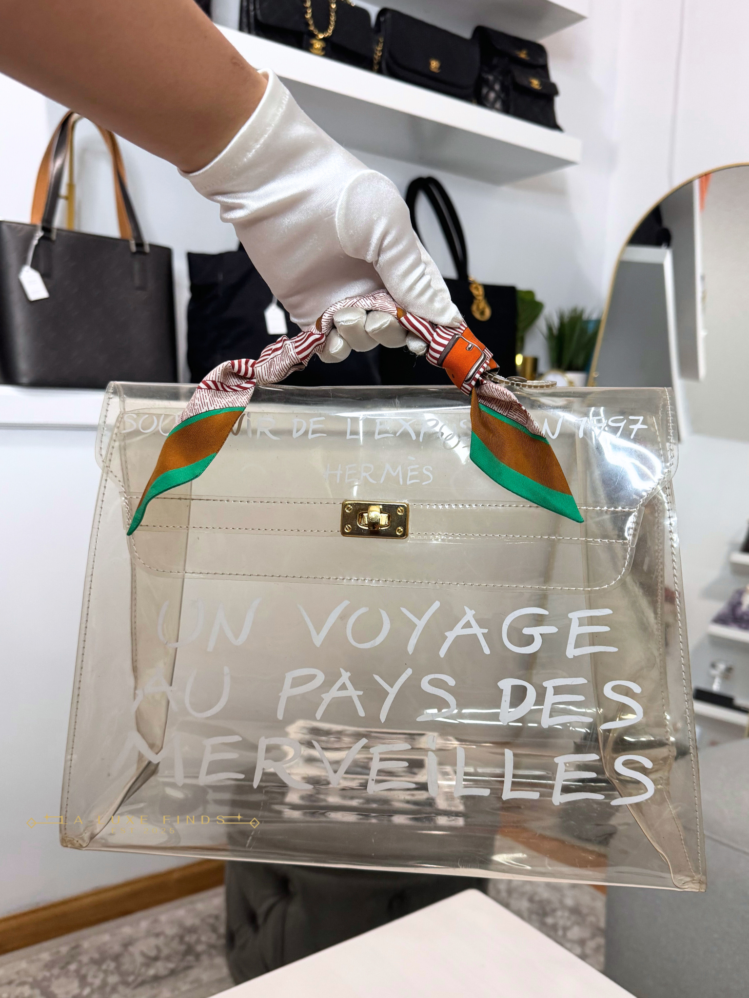 HERMES Clear Vinyl Kelly Bag 40 Souvenir with HERMES Twilly