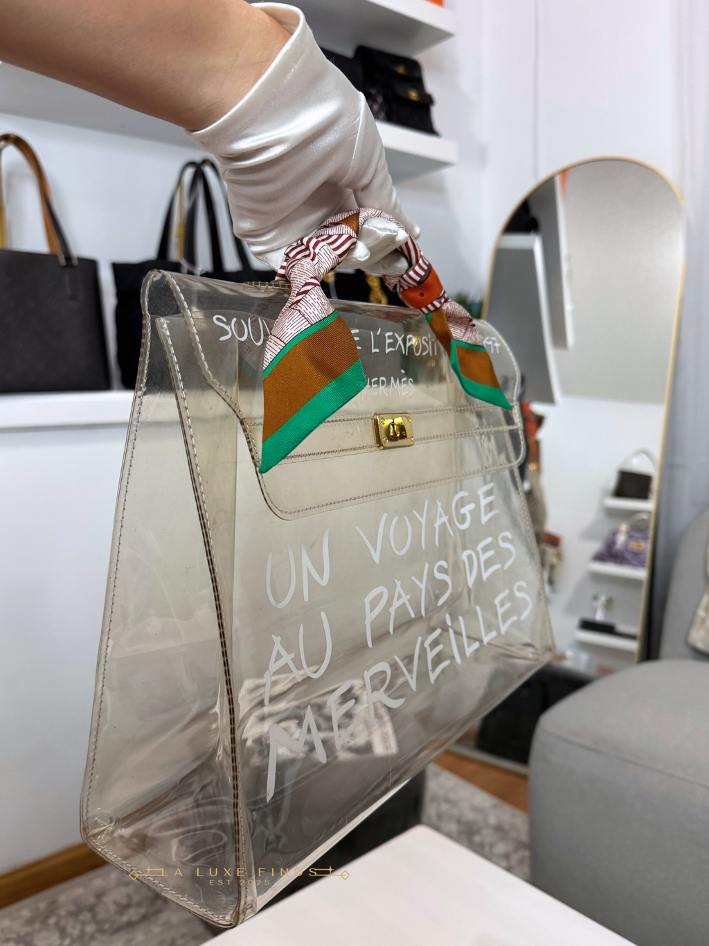 HERMES Clear Vinyl Kelly Bag 40 Souvenir with HERMES Twilly