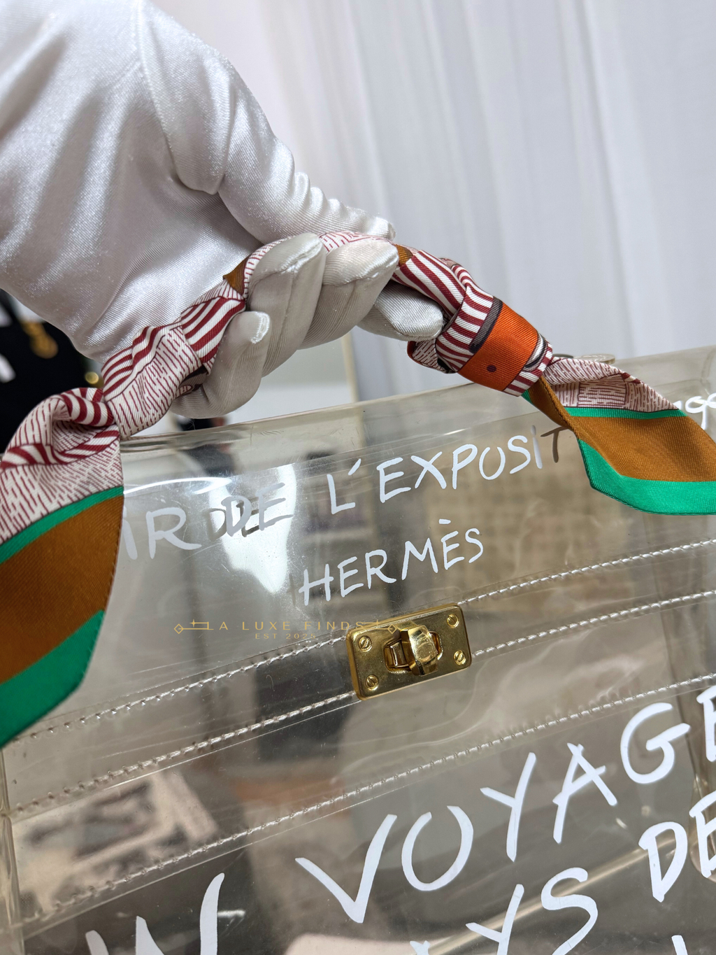 HERMES Clear Vinyl Kelly Bag 40 Souvenir with HERMES Twilly