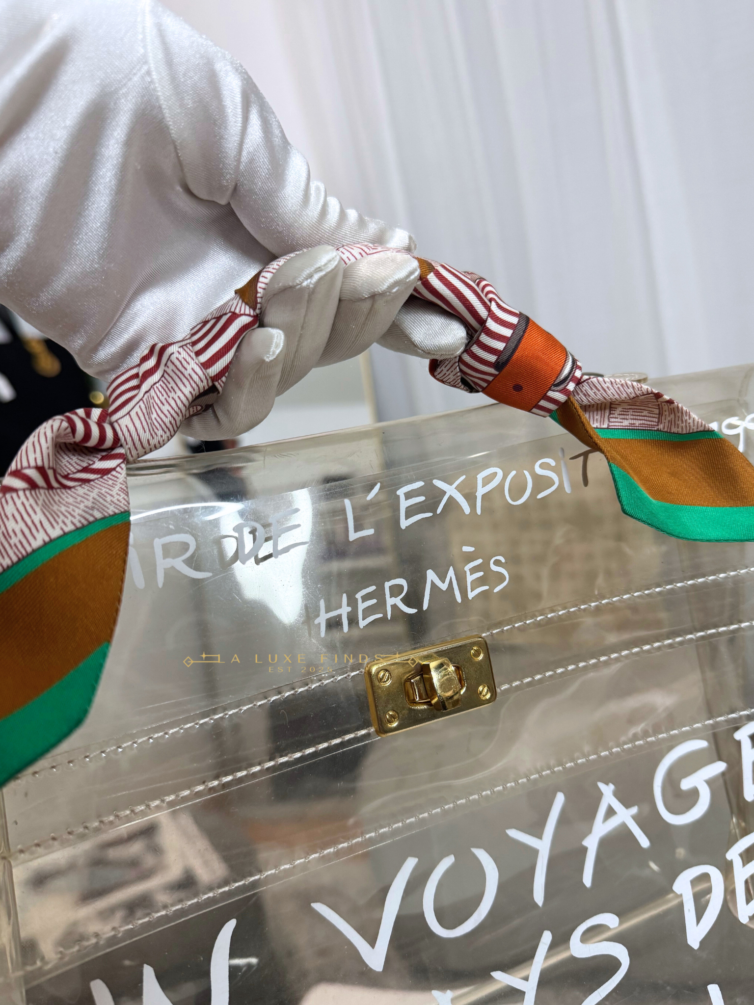 HERMES Clear Vinyl Kelly Bag 40 Souvenir with HERMES Twilly