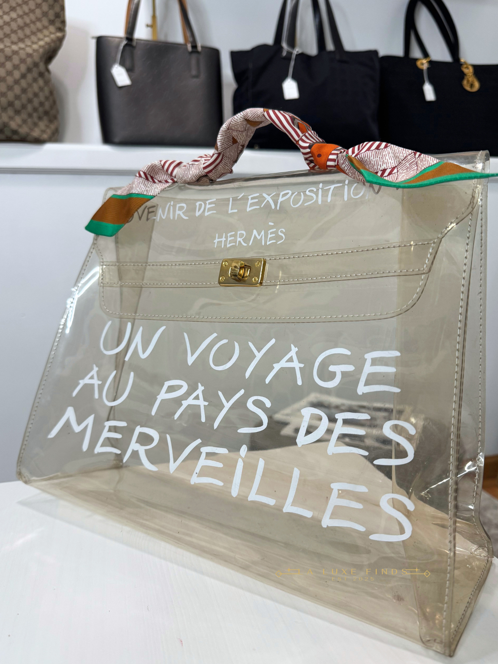 HERMES Clear Vinyl Kelly Bag 40 Souvenir with HERMES Twilly